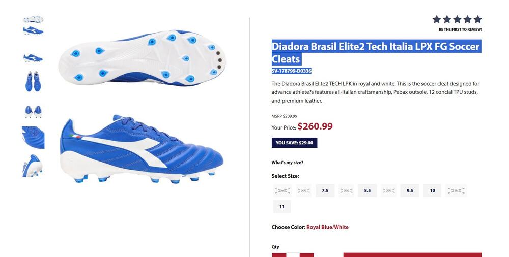 Diadora Brasil Elite2 Tech Italia LPX FG Soccer Cleats Royal Blue Made in Italy